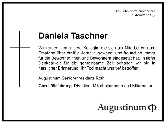 Traueranzeige von Daniela Taschner von Roth-Hilpoltsteiner Volkszeitung Lokal