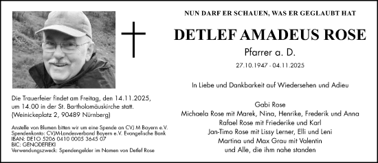 Traueranzeige von Detlef Amadeus Rose von Gesamtausgabe Nürnberger Nachrichten/ Nürnberger Ztg.