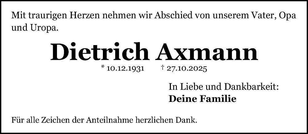 Traueranzeige für Dietrich Axmann vom 08.11.2025 aus Fürther Nachrichten Lokal