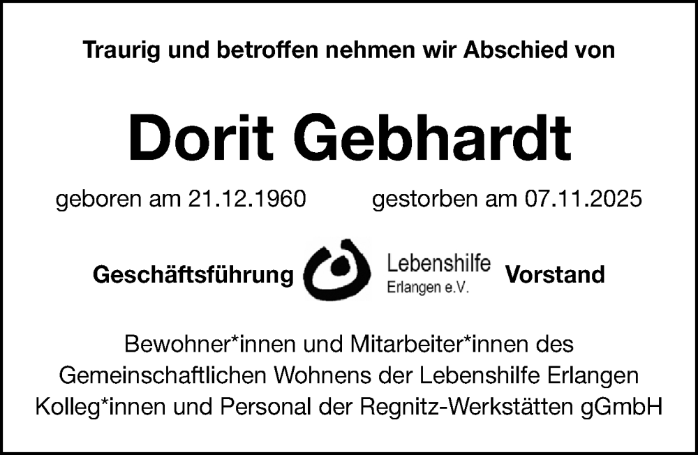  Traueranzeige für Dorit Gebhardt vom 29.11.2025 aus Erlanger Nachrichten Lokal