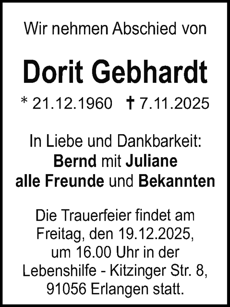  Traueranzeige für Dorit Gebhardt vom 29.11.2025 aus Erlanger Nachrichten Lokal