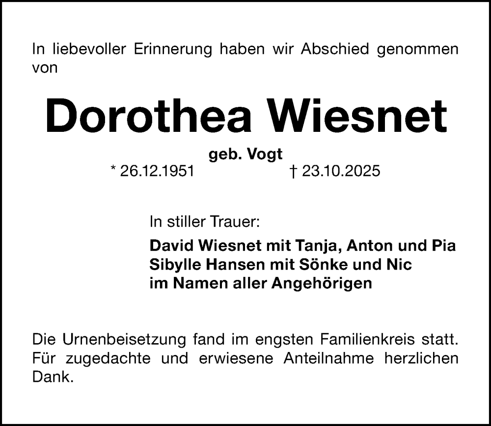  Traueranzeige für Dorothea Wiesnet vom 15.11.2025 aus Schwabacher Tagblatt Lokal