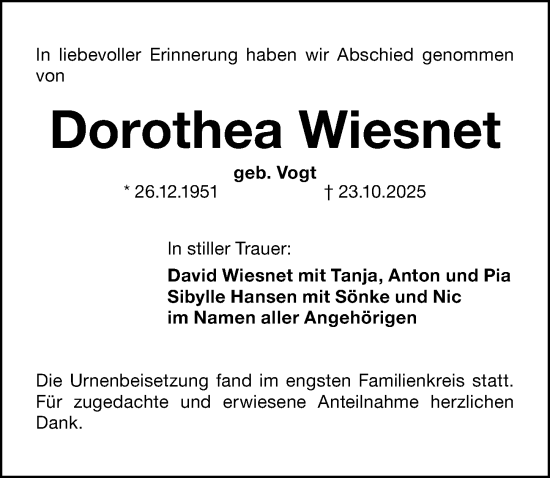 Traueranzeige von Dorothea Wiesnet von Schwabacher Tagblatt Lokal