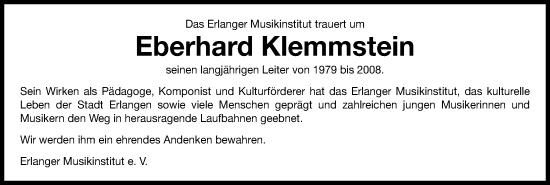 Traueranzeige von Eberhard Klemmstein von Erlanger Nachrichten Lokal