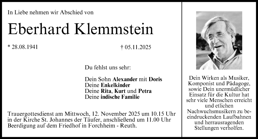  Traueranzeige für Eberhard Klemmstein vom 08.11.2025 aus Erlanger Nachrichten Lokal