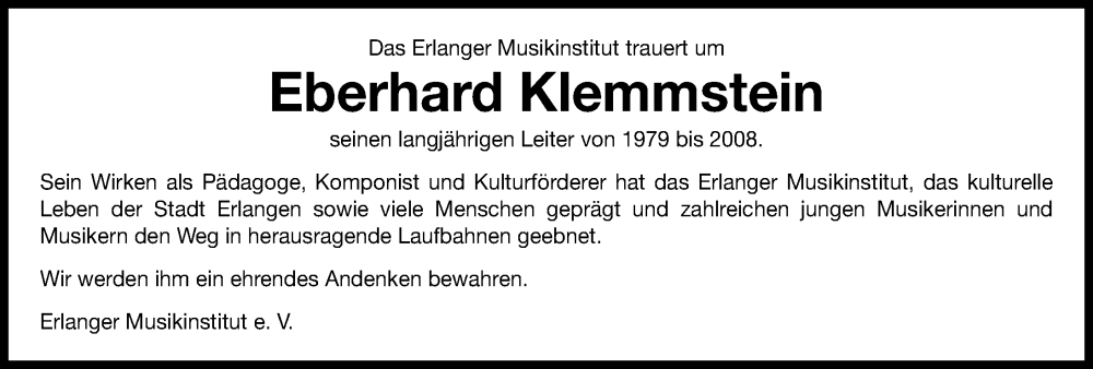  Traueranzeige für Eberhard Klemmstein vom 13.11.2025 aus Erlanger Nachrichten Lokal