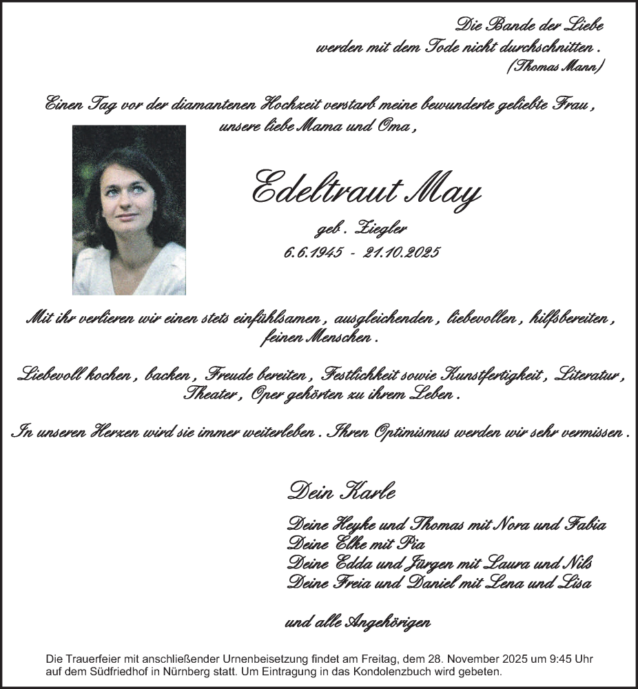  Traueranzeige für Edeltraut May vom 22.11.2025 aus Gesamtausgabe Nürnberger Nachrichten/ Nürnberger Ztg.