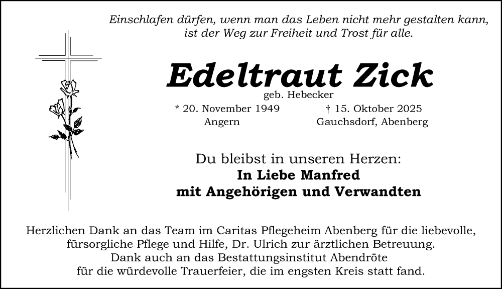  Traueranzeige für Edeltraut Zick vom 15.11.2025 aus Schwabacher Tagblatt Lokal