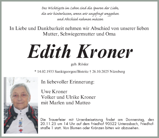 Traueranzeige von Edith Kroner von Fürther Nachrichten Lokal