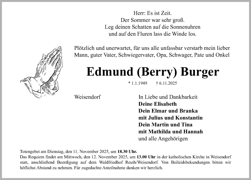  Traueranzeige für Edmund Burger vom 08.11.2025 aus Nordbayerische Nachrichten Herzogenaurach Lokal