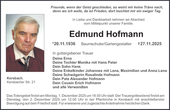 Traueranzeige von Edmund Hofmann von Erlanger Nachrichten Lokal