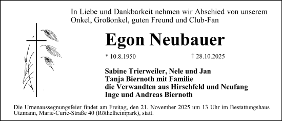 Traueranzeige von Egon Neubauer von Erlanger Nachrichten Lokal