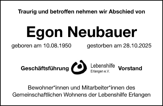 Traueranzeige von Egon Neubauer von Erlanger Nachrichten Lokal