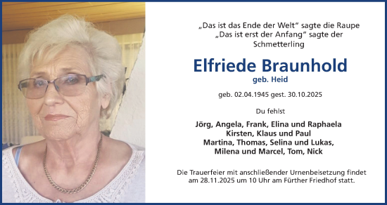Traueranzeige von Elfriede Braunhold von Fürther Nachrichten Lokal