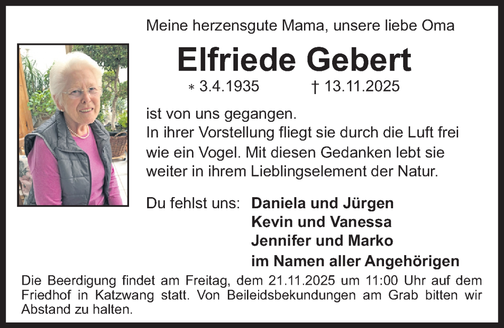  Traueranzeige für Elfriede Gebert vom 18.11.2025 aus Schwabacher Tagblatt Lokal