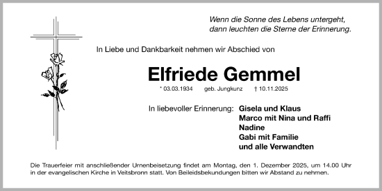 Traueranzeige von Elfriede Gemmel von Fürther Nachrichten Lokal