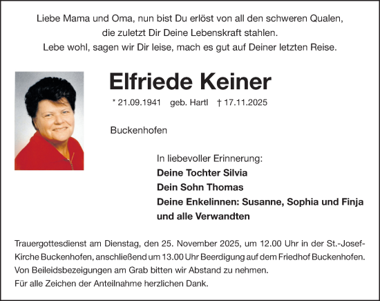 Traueranzeige von Elfriede Keiner von Nordbayerische Nachrichten Forchheim Lokal