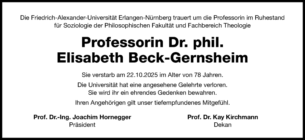  Traueranzeige für Elisabeth Beck-Gernsheim vom 19.11.2025 aus Gesamtausgabe Nürnberger Nachrichten/ Nürnberger Ztg.