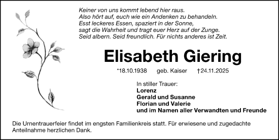 Traueranzeige von Elisabeth Giering von Gesamtausgabe Nürnberger Nachrichten/ Nürnberger Ztg.