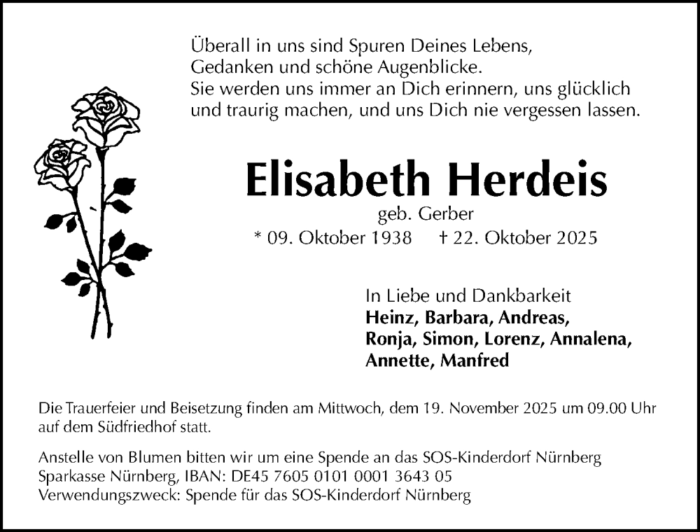  Traueranzeige für Elisabeth Herdeis vom 15.11.2025 aus Gesamtausgabe Nürnberger Nachrichten/ Nürnberger Ztg.