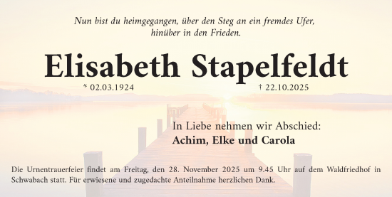 Traueranzeige von Elisabeth Stapelfeldt von Gesamtausgabe Nürnberger Nachrichten/ Nürnberger Ztg.