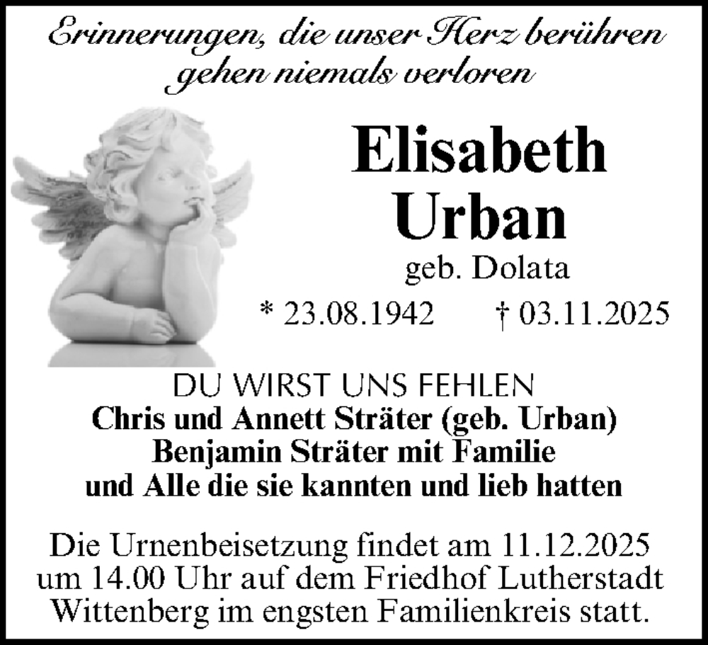  Traueranzeige für Elisabeth Urban vom 22.11.2025 aus Gesamtausgabe Nürnberger Nachrichten/ Nürnberger Ztg.