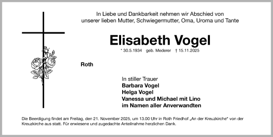 Traueranzeige von Elisabeth Vogel von Roth-Hilpoltsteiner Volkszeitung Lokal