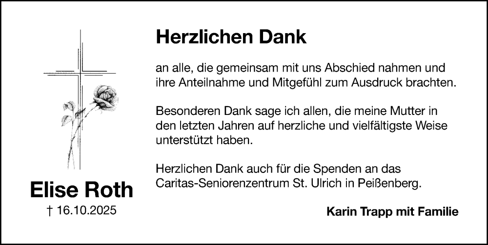 Traueranzeige für Elise Roth vom 15.11.2025 aus Gesamtausgabe Nürnberger Nachrichten/ Nürnberger Ztg.