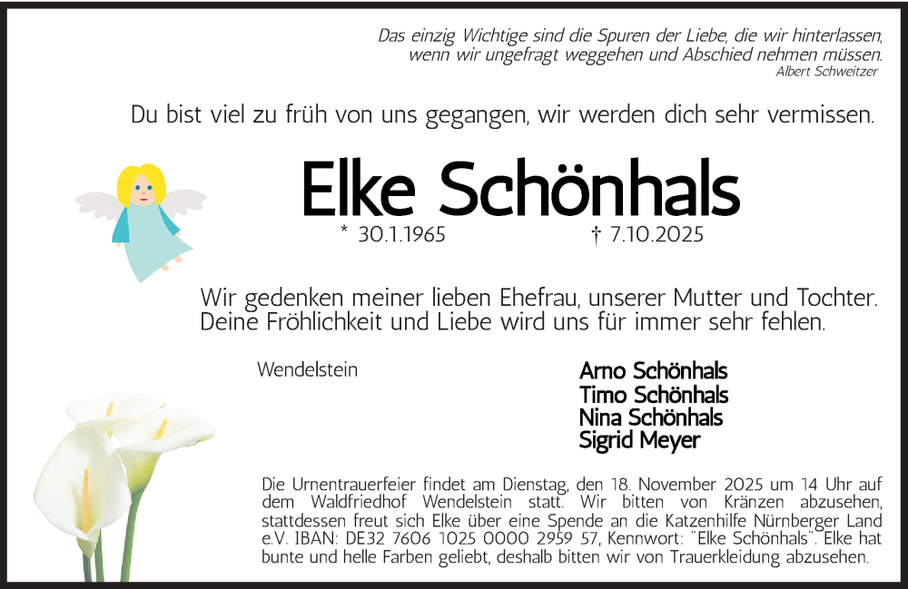  Traueranzeige für Elke Schönhals vom 08.11.2025 aus Gesamtausgabe Nürnberger Nachrichten/ Nürnberger Ztg.