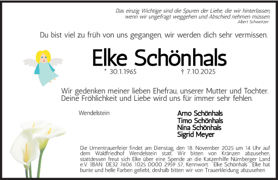 Traueranzeige von Elke Schönhals von Gesamtausgabe Nürnberger Nachrichten/ Nürnberger Ztg.