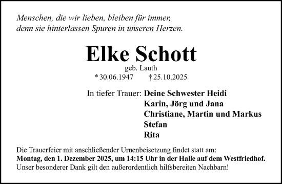 Traueranzeige von Elke Schott von Gesamtausgabe Nürnberger Nachrichten/ Nürnberger Ztg.