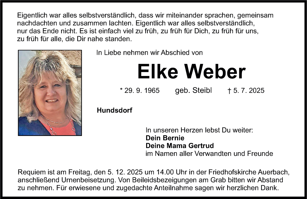  Traueranzeige für Elke Weber vom 29.11.2025 aus Nordbayerische Nachrichten Pegnitz Lokal