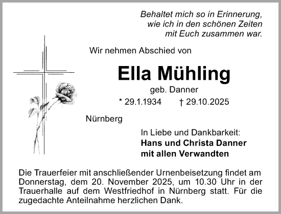 Traueranzeige von Ella Mühling von Gesamtausgabe Nürnberger Nachrichten/ Nürnberger Ztg.