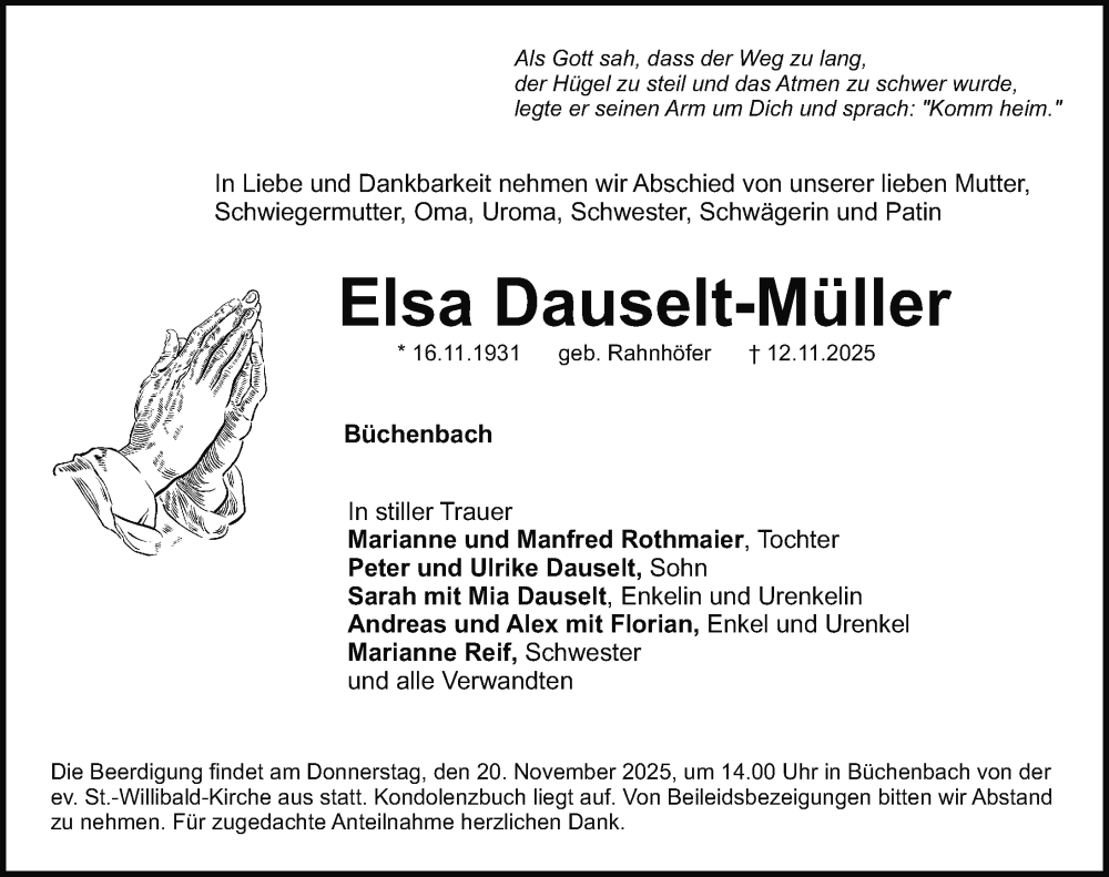  Traueranzeige für Elsa Dauselt-Müller vom 15.11.2025 aus Roth-Hilpoltsteiner Volkszeitung Lokal