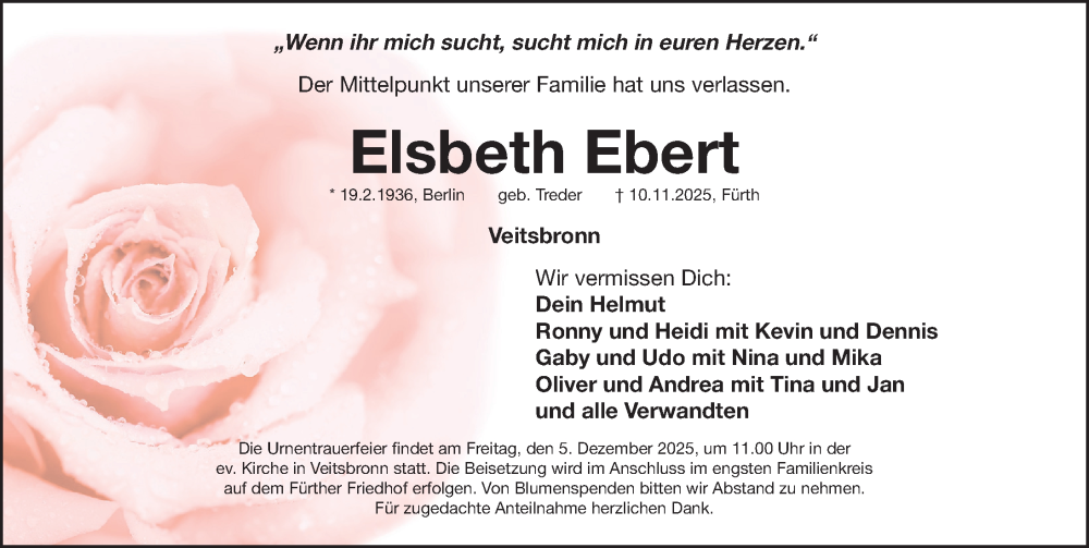  Traueranzeige für Elsbeth Ebert vom 22.11.2025 aus Fürther Nachrichten Lokal