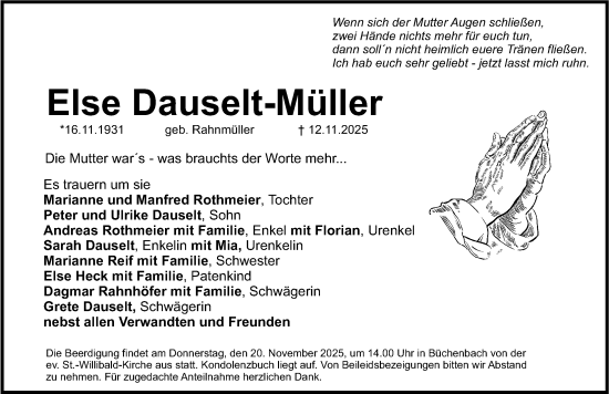 Traueranzeige von Else Dauselt-Müller von Roth-Hilpoltsteiner Volkszeitung Lokal