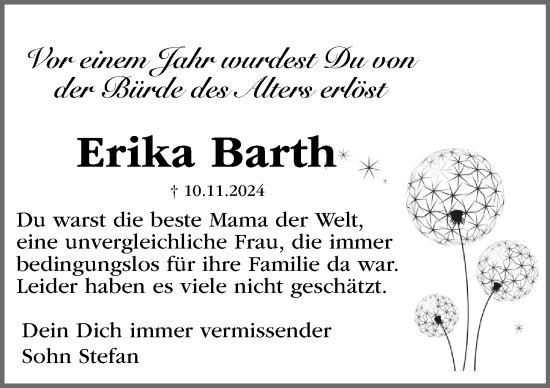 Traueranzeige von Erika Barth von Gesamtausgabe Nürnberger Nachrichten/ Nürnberger Ztg.