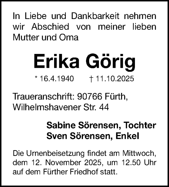 Traueranzeige von Erika Görig von Fürther Nachrichten Lokal