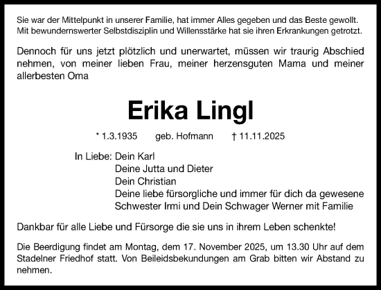 Traueranzeige von Erika Lingl von Fürther Nachrichten Lokal