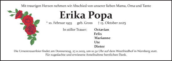 Traueranzeige von Erika Popa von Gesamtausgabe Nürnberger Nachrichten/ Nürnberger Ztg.