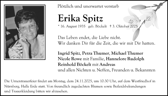 Traueranzeige von Erika Spitz von Gesamtausgabe Nürnberger Nachrichten/ Nürnberger Ztg.