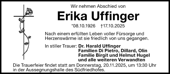 Traueranzeige von Erika Uffinger von Gesamtausgabe Nürnberger Nachrichten/ Nürnberger Ztg.