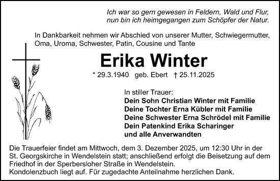 Traueranzeige von Erika Winter von Schwabacher Tagblatt Lokal