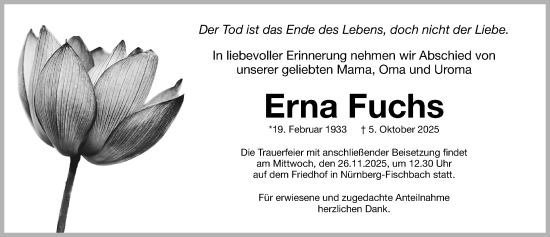 Traueranzeige von Erna Fuchs von Gesamtausgabe Nürnberger Nachrichten/ Nürnberger Ztg.