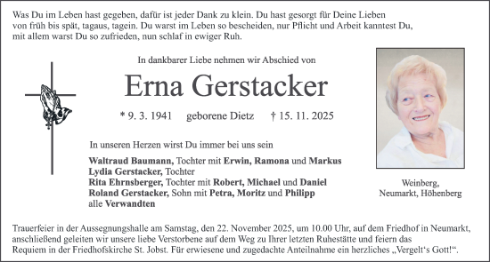 Traueranzeige von Erna Gerstacker von Neumarkter Nachrichten Lokal