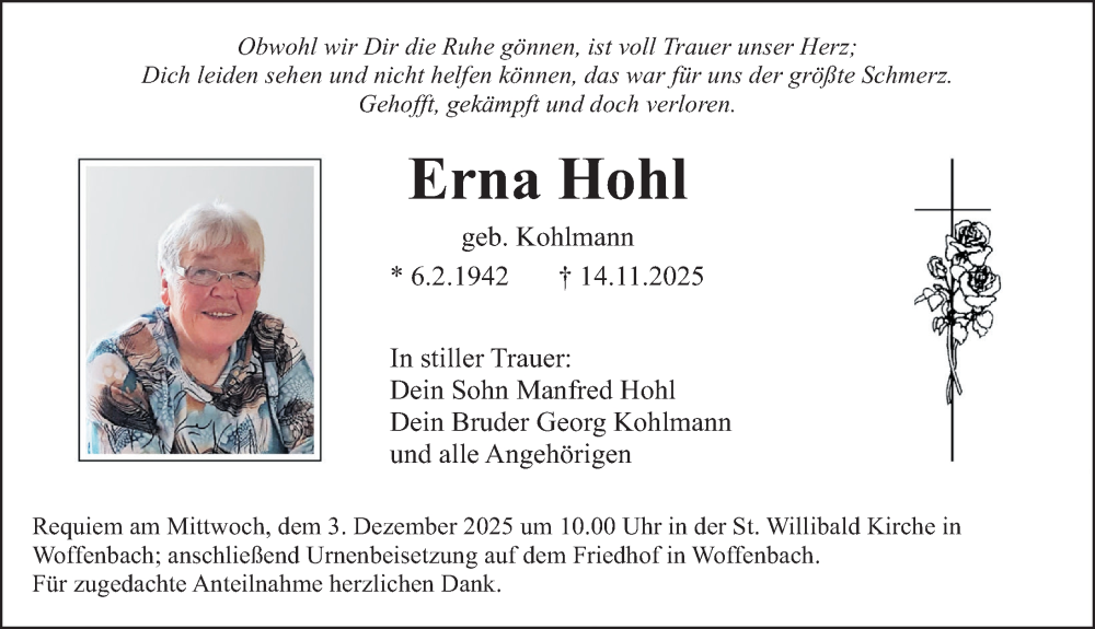  Traueranzeige für Erna Hohl vom 29.11.2025 aus Neumarkter Nachrichten Lokal