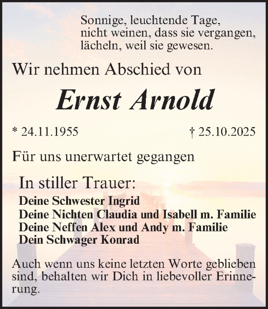  Traueranzeige für Ernst Arnold vom 15.11.2025 aus Gesamtausgabe Nürnberger Nachrichten/ Nürnberger Ztg.