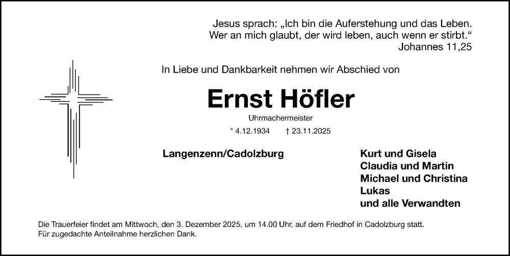  Traueranzeige für Ernst Höfler vom 29.11.2025 aus Fürther Nachrichten Lokal