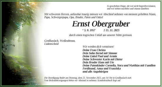 Traueranzeige von Ernst Obergruber von Gesamtausgabe Nürnberger Nachrichten/ Nürnberger Ztg.