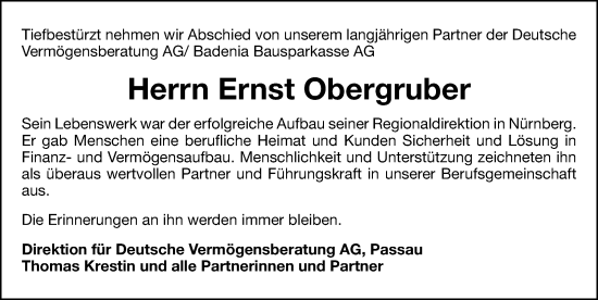 Traueranzeige von Ernst Obergruber von Gesamtausgabe Nürnberger Nachrichten/ Nürnberger Ztg.